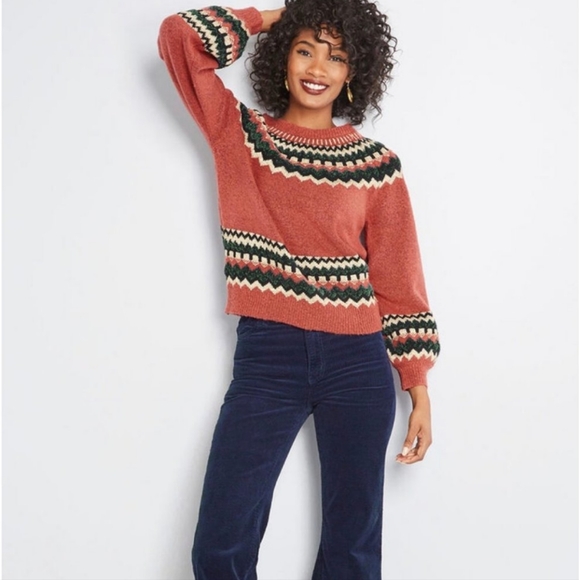 NWT Sweet Rain Fairy Isle Balloon Sleeve Sweater Women's L Burgundy Boho Retro - Picture 2 of 12